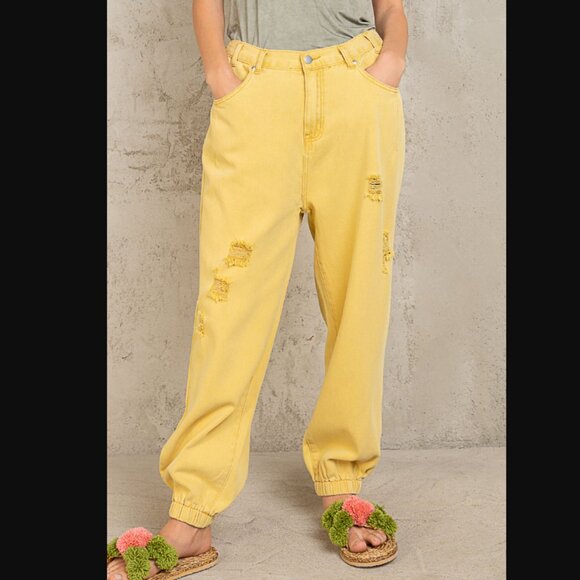 P388 POL *LAST PAIR* Honey Yellow Distressed Denim Joggers - Picture 3 of 5